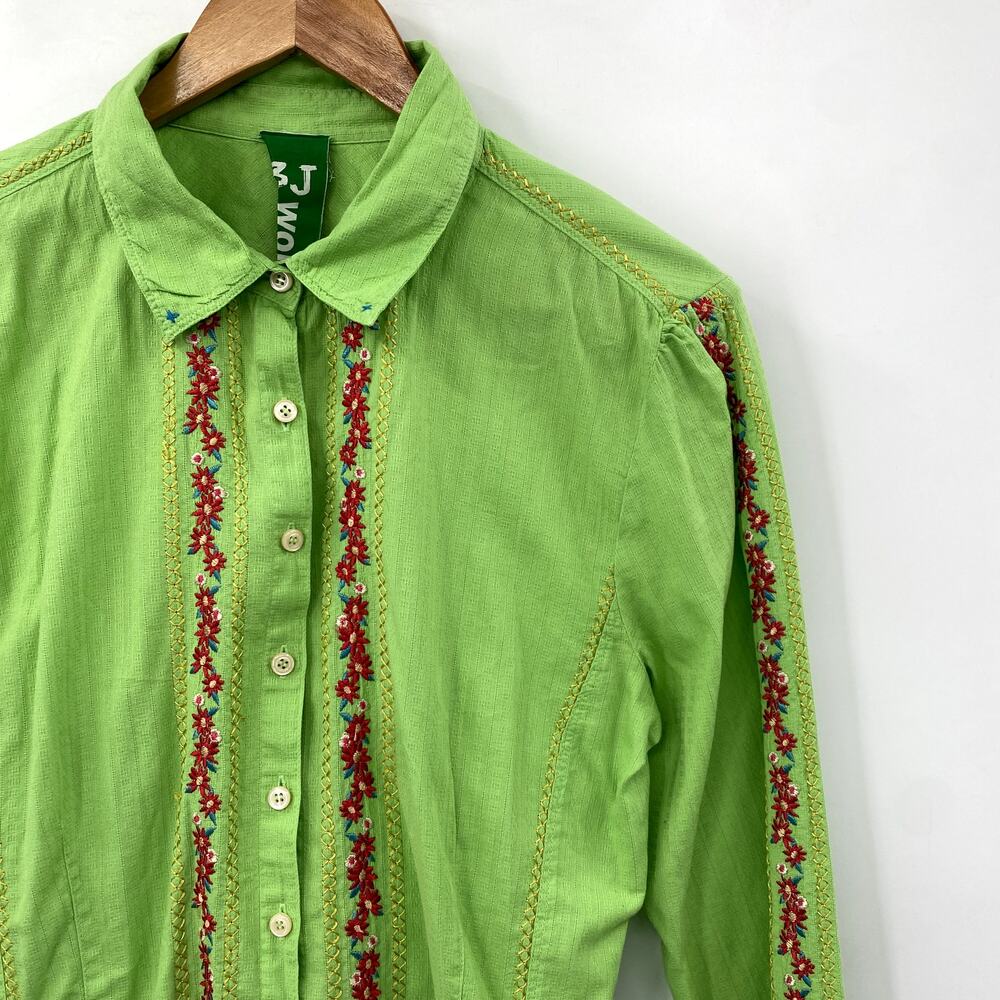 Johnny Was L Bright Green Embroidered Button Down Blouse
